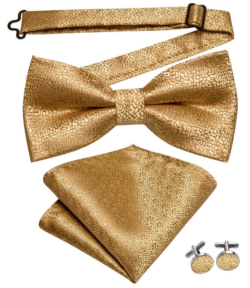 Dubulle Gold Bow Tie Lapel Pin Set for Men Mens Solid Gold Pretied Bowties Handkerchief Cufflinks - Image 4