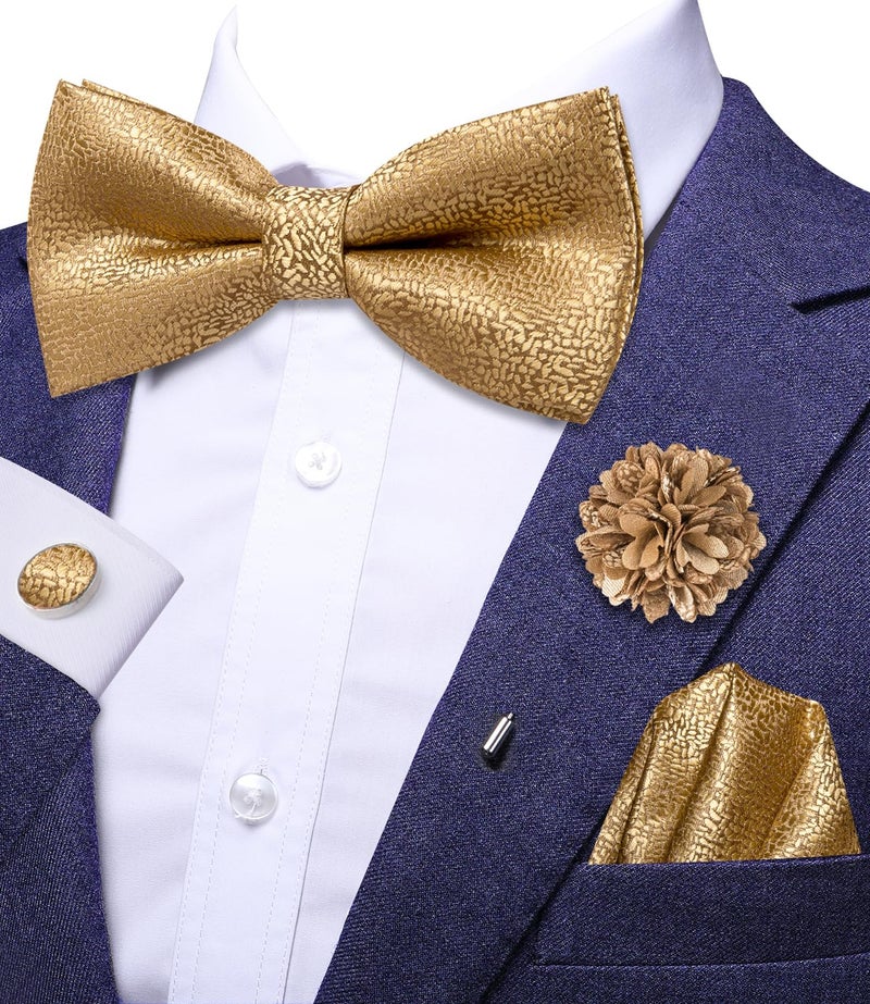 Dubulle Gold Bow Tie Lapel Pin Set for Men Mens Solid Gold Pretied Bowties Handkerchief Cufflinks - Image 2