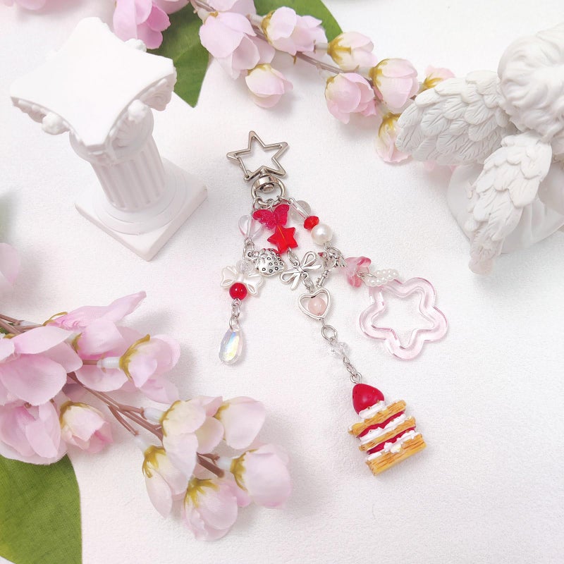 cioatu Y2K Aesthetic Keychains for Women Cute Flowers Star Cake Jellyfish Keychins Charms Kawaii Bag Purse Decor (Red Cake) - Image 2