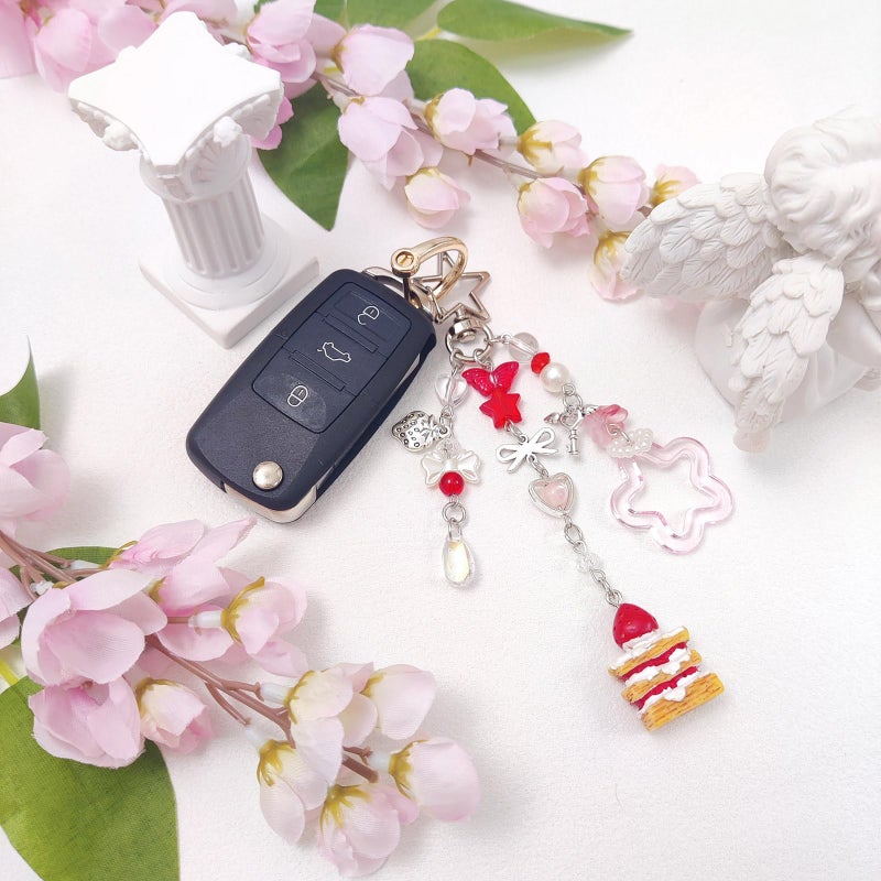 cioatu Y2K Aesthetic Keychains for Women Cute Flowers Star Cake Jellyfish Keychins Charms Kawaii Bag Purse Decor (Red Cake) - Image 3
