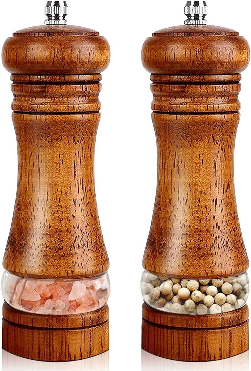 Salt and Pepper Grinder Set Wooden Salt and Pepper Mill with Adjustable Coarseness Ceramic Core Manual Salt Grinders with Acrylic Window 65 Inch Refillable Spice Shaker for Sea SaltChiliSesame