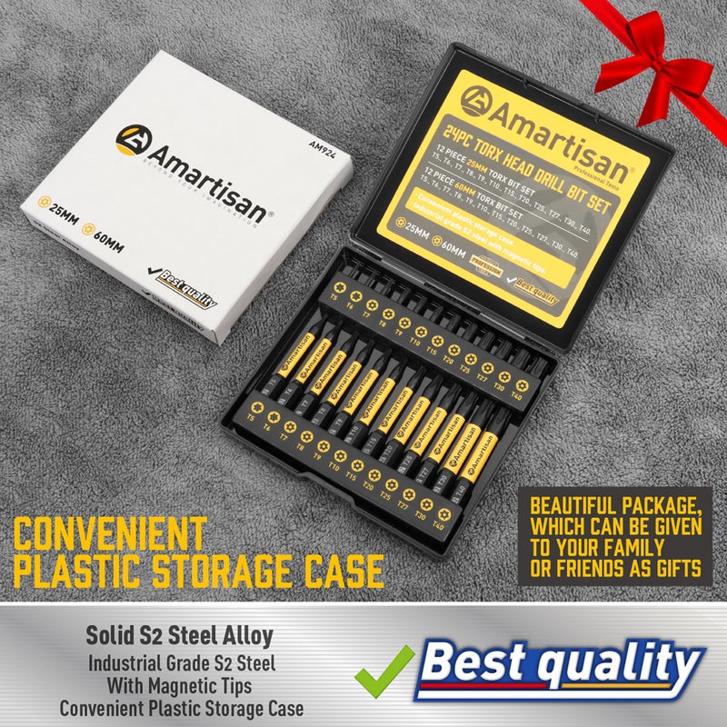 Amartisan Torx Bit Set, 24-Piece S2 Steel, 1" & 2.3" Long T5 - T40, Security, Tamper Resistant Fastener Drive Bit - Image 2