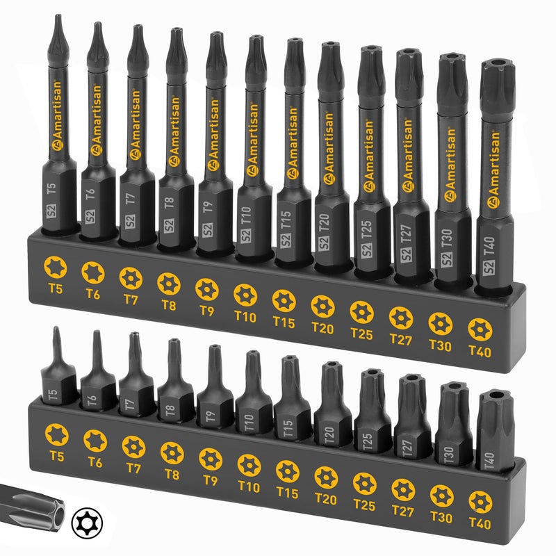 Amartisan Torx Bit Set, 24-Piece S2 Steel, 1" & 2.3" Long T5 - T40, Security, Tamper Resistant Fastener Drive Bit - Image 1