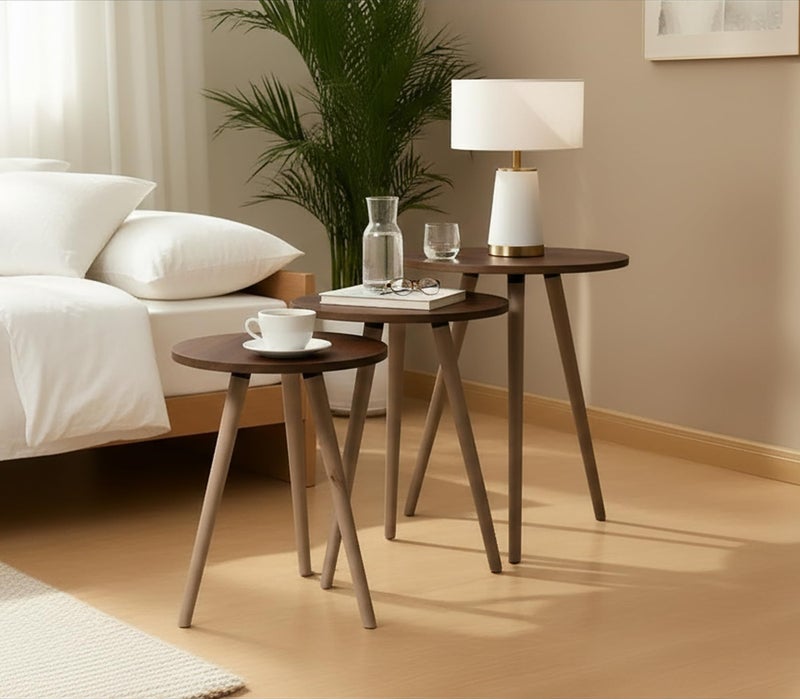 Nesting Tables Set - Modern Coffee and Side Tables with Simple Design and Wood Legs - Space Saving Design for Living Room, Bedroom or Office with Different Designs and Shapes (Dark Brown, Round) - Image 1