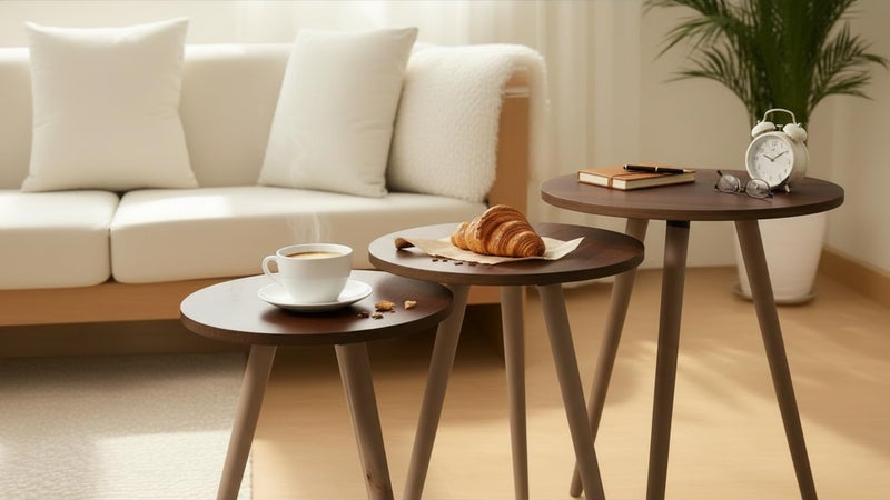 Nesting Tables Set - Modern Coffee and Side Tables with Simple Design and Wood Legs - Space Saving Design for Living Room, Bedroom or Office with Different Designs and Shapes (Dark Brown, Round) - Image 3