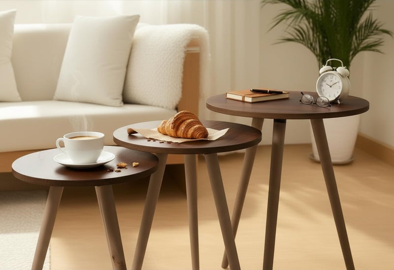Nesting Tables Set - Modern Coffee and Side Tables with Simple Design and Wood Legs - Space Saving Design for Living Room, Bedroom or Office with Different Designs and Shapes (Dark Brown, Round) - Image 2