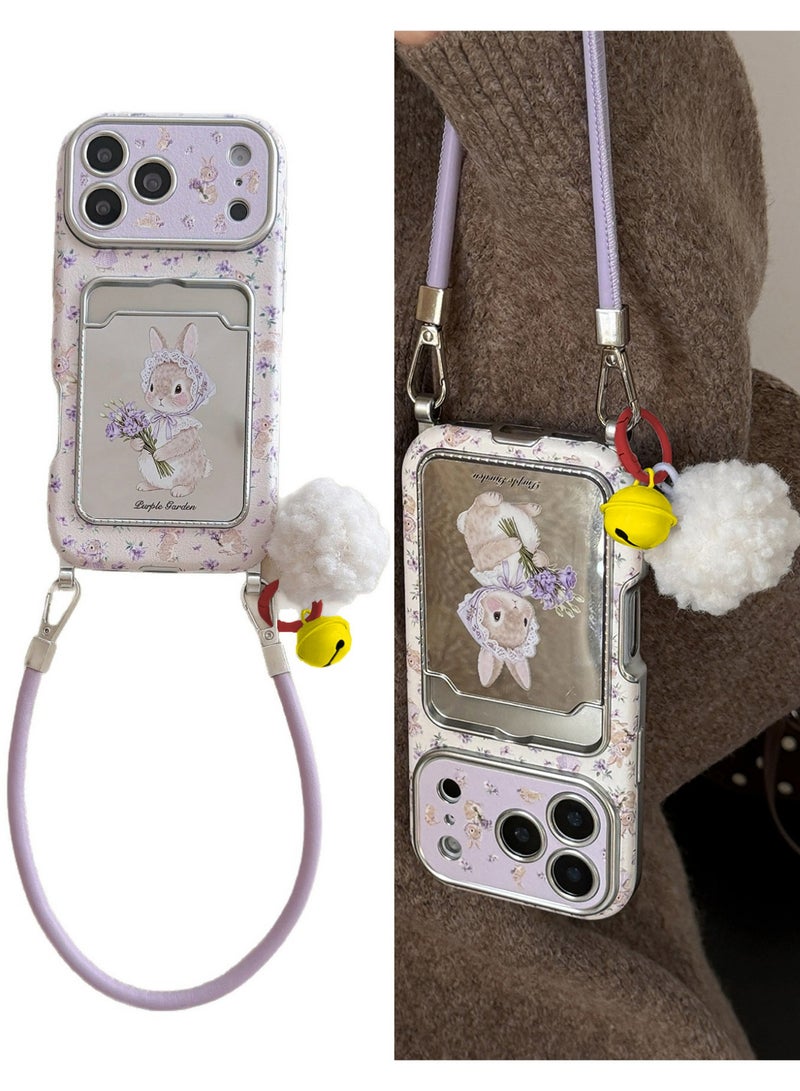 HaDoii iPhone 17 Pro Max Wallet Case with Wrist Lanyard, Mirror Card Holder, Cute Bunny Pattern Shockproof Phone Case for Ladies - Image 1