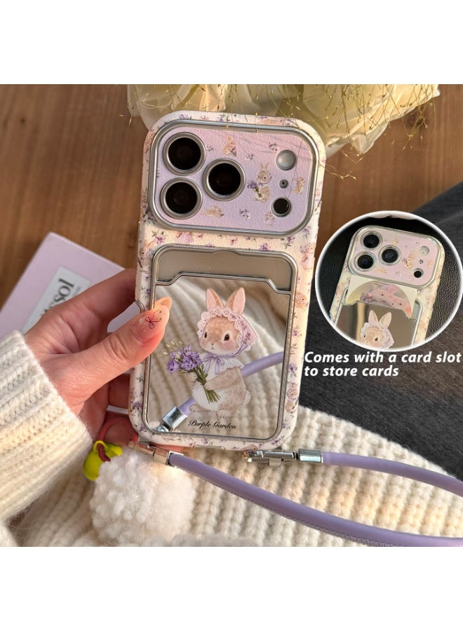HaDoii iPhone 17 Pro Max Wallet Case with Wrist Lanyard, Mirror Card Holder, Cute Bunny Pattern Shockproof Phone Case for Ladies - Image 2