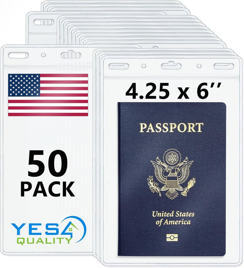 YES4QUALITY - Vertical Passport & ID Badge Holder - 4x6 Inch, 50 Pack - Clear Name Badge Holders for Travel, Work & Events - Zipperless Card Protector for Vaccination Cards, Tickets & Credentials - Image 1