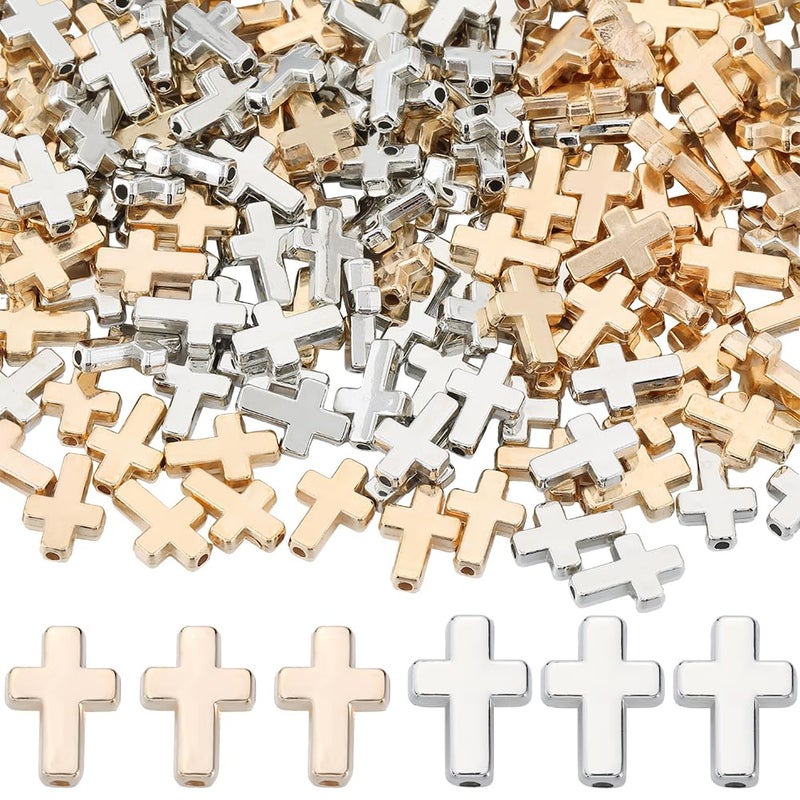 SOFPLATE 1 Box 400Pcs Gold Cross Beads Silver Crosses Spacer Bead Bulk Plastic Crucifix Big Hole Holy Easter Mini Loose Charms Beads for Jewelry Making Beading Pendants Necklaces Earrings DIY Crafts