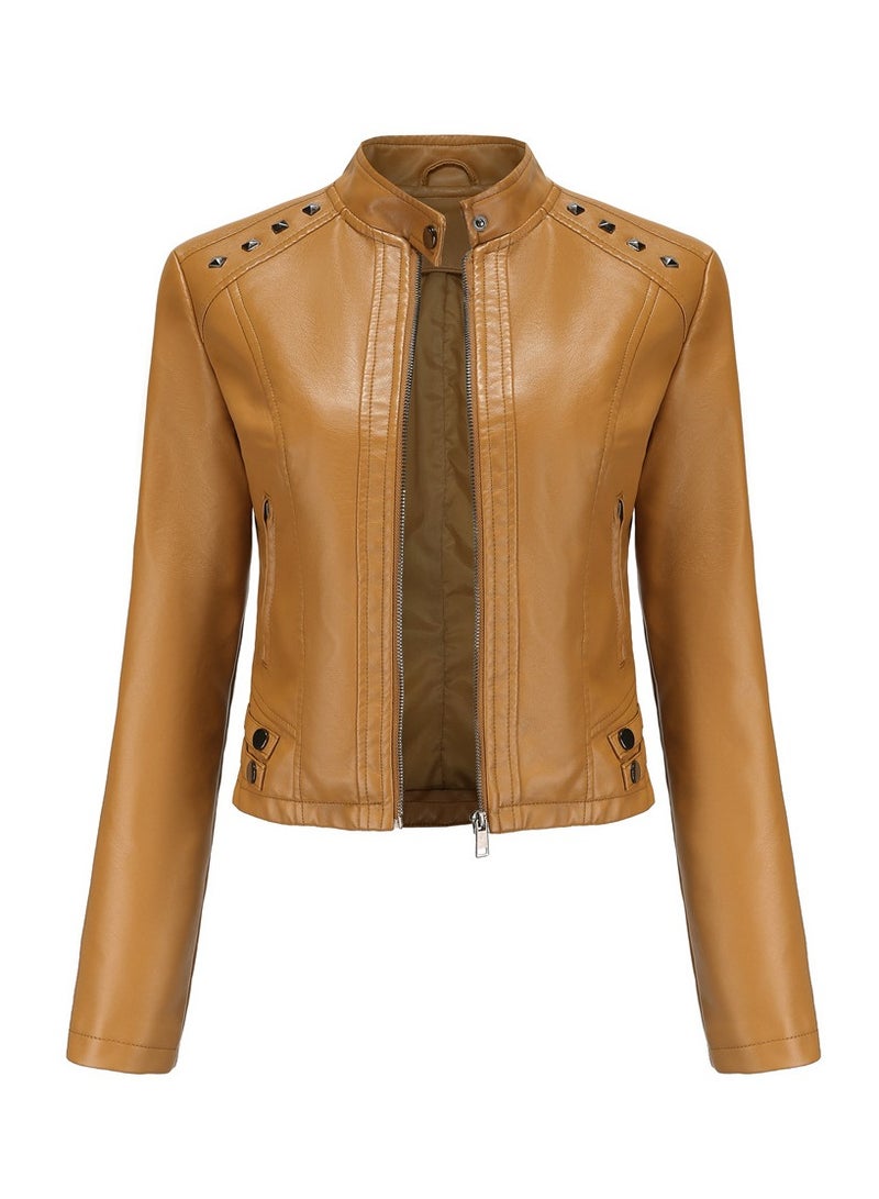 Women's New Riveted Leather Stand Neck Fashion Jacket Camel - Image 1