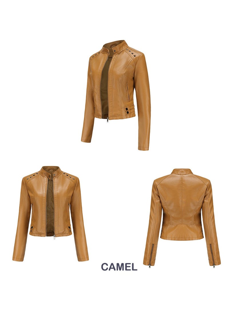 Women's New Riveted Leather Stand Neck Fashion Jacket Camel - Image 2