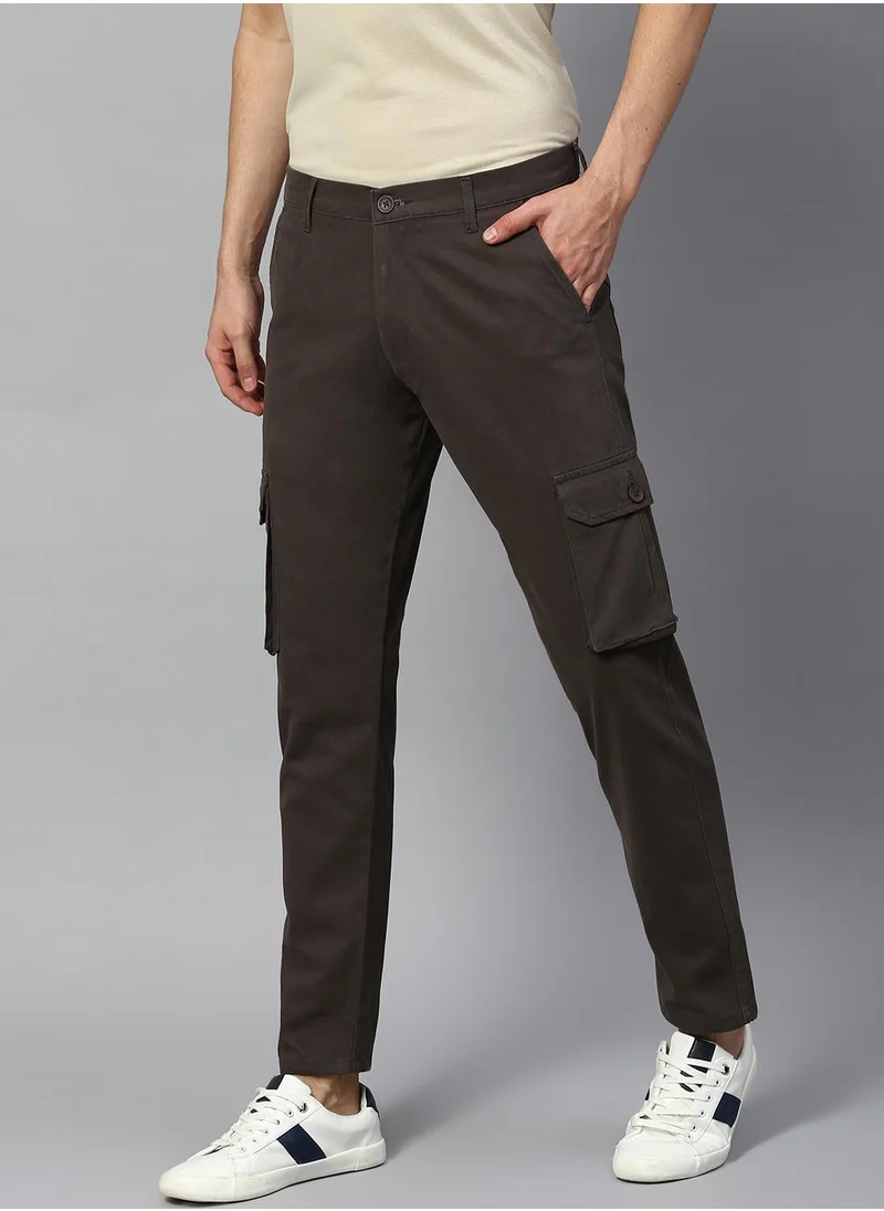 دينيس لينغو Men's Dark Grey Tapered Fit Cargo Trousers - 100% Cotton, Full-Length, Button & Zip Closure