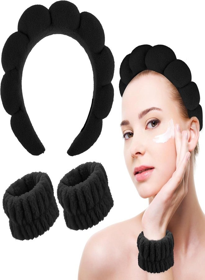 Ganraj Spa Headband and Wristband Set for Women Soft Face Wash Headband & Wrist Bands for Skincare, Makeup & Facial Cleansing Routine (Black) - Image 1