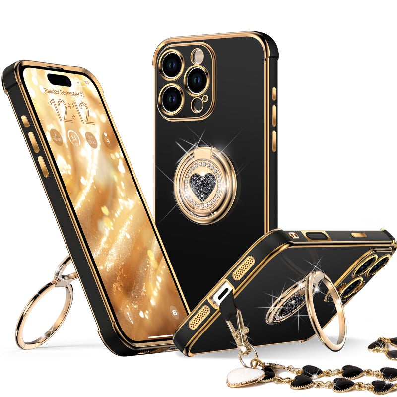 XYZ for iPhone 16 Pro Max Case with Stand, Phone Case with Double Ring Kickstand, Women Girls Bling Luxury Protective Case Heart for iPhone 16 Pro Max 6.9 inch, Black - Image 1