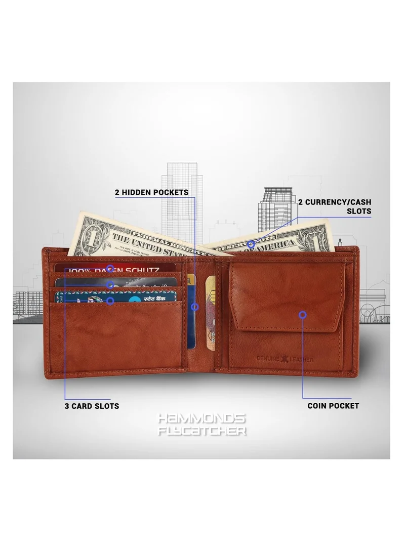 HAMMONDS FLYCATCHER Leather Wallet for Men - RFID Protected Leather Purse for Men, Money Purse for Men, Bi-Fold Wallet - 6 Card Slots, 1 Card Case, Coin Pocket, Hidden Pockets - Antique Tan | 9LJL