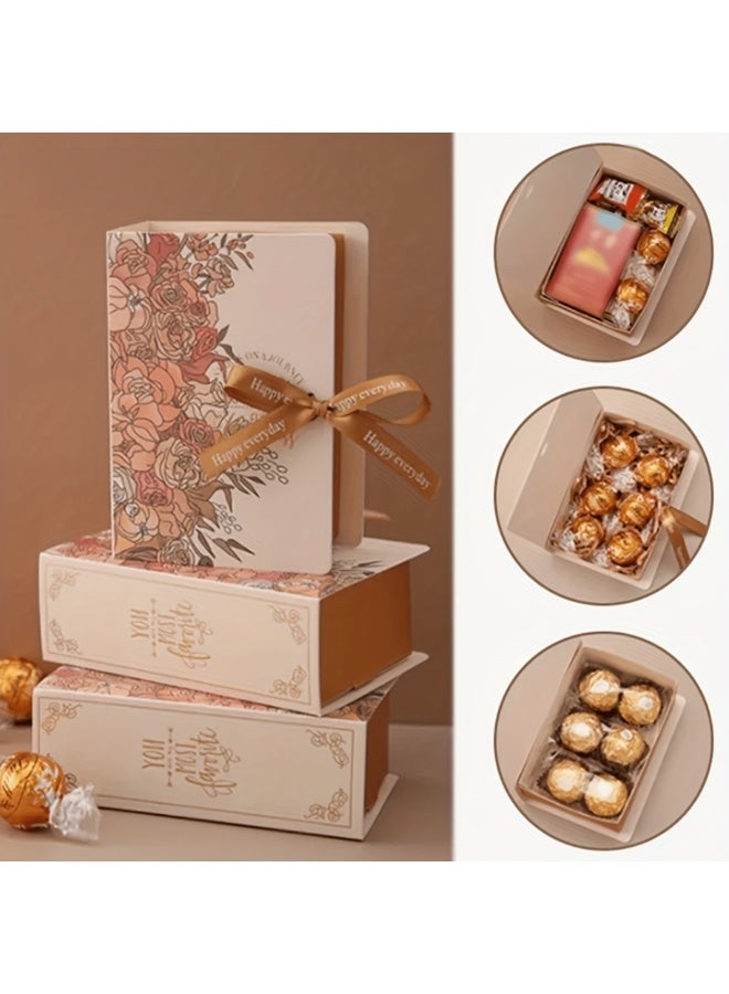 علبة هدايا أنيقة على شكل كتاب مزينة بالزهور، مكونة من 5 قطع، مع شريط وتغليف من الورق المقوى بتصميم كتاب، مناسبة للحفلات، وحفلات الزفاف، وأعياد الميلاد - متوافقة مع الحلوى/الشوكولاتة/الحشوات، علبة هدايا مزخرفة، علبة حلوى - Image 1