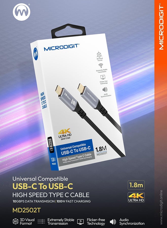ميكرو ديجيت MD2502T - كابل شحن فائق السرعة من نوع C إلى نوع C بقوة 100 واط، 1.8 متر، نقل بيانات يصل إلى 10 جيجابت في الثانية، 4K Ultra HD وتزامن الصوت - - Image 2