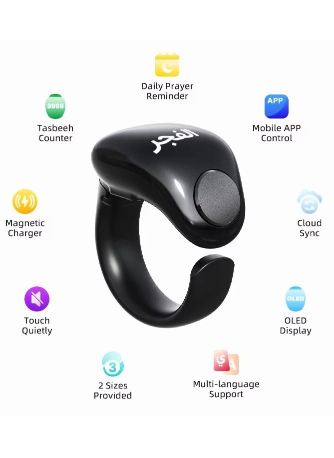 WESLAMIC Smart Tasbih Counter Zikr Ring – Digital Tasbeeh Counter with OLED Display, App Support, Magnetic Charging, Waterproof Design, Prayer Reminder, Sleek Black – Modern Islamic Gadget for Daily Zikr & Prayer Tracking (18mm & 20mm)  - Image 4