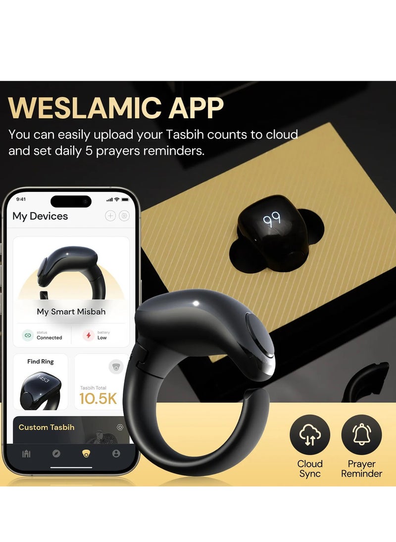 WESLAMIC Smart Tasbih Counter Zikr Ring – Digital Tasbeeh Counter with OLED Display, App Support, Magnetic Charging, Waterproof Design, Prayer Reminder, Sleek Black – Modern Islamic Gadget for Daily Zikr & Prayer Tracking (18mm & 20mm)  - Image 2