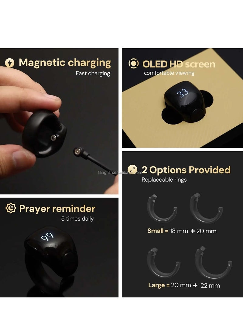 WESLAMIC - Smart Tasbih Counter Zikr Ring – Digital Tasbeeh Counter with OLED Display, App Support, Magnetic Charging, Waterproof Design, Prayer Reminder, Sleek Black – Modern Islamic Gadget for Daily Zikr & Prayer Tracking (18mm & 20mm) - Image 1