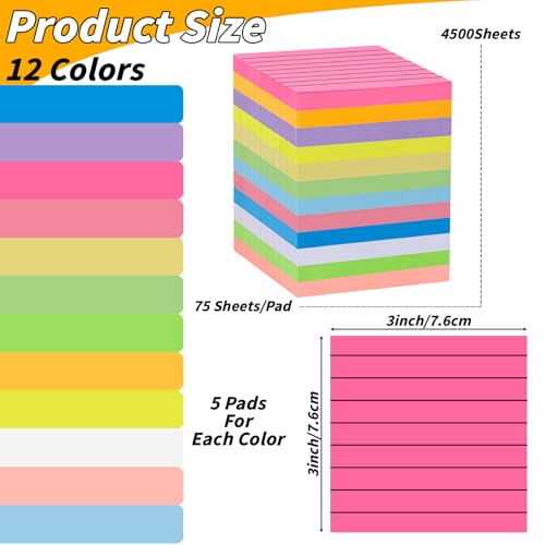 Oleitodh 60 PCS Lined Sticky Notes 3x3In Colorful Sticky Notes 75 SheetsPad 12 ColorsBright Ruled Post Stickies Multicolor Memo Note Pads for Teacher Student School Office Meeting Blank Desk Pads4500 Sheets - Image 3