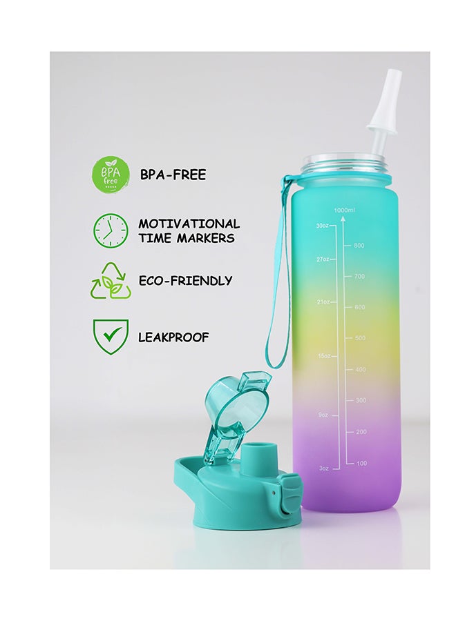 توشيونيكس زجاجة مياه شرب تحفيزية سعة 1000 مل مع علامات زمنية، وغطاء قابل للقفل بزر واحد، وماصة ناعمة، ومقبض حمل مزدوج وملصقات كرتونية مجانية بتصميم لطيف - خالية من مادة BPA، وغطاء مانع للتسرب، وصديقة للبيئة، مصنوعة من البلاستيك، وقابلة لإعادة الاستخدام، وزجاجة مياه تذكيرية للشرب للبالغين والأطفال في المدرسة والمكتب والترطيب اليومي وصالة الألعاب الرياضية واللياقة البدنية واليوغا وركوب الدراجات والمشي لمسافات طويلة والتخييم في الهواء الطلق والمشي لمسافات طويلة والرياضة والسفر، زجاجة سعة 32 أونصة - Image 2