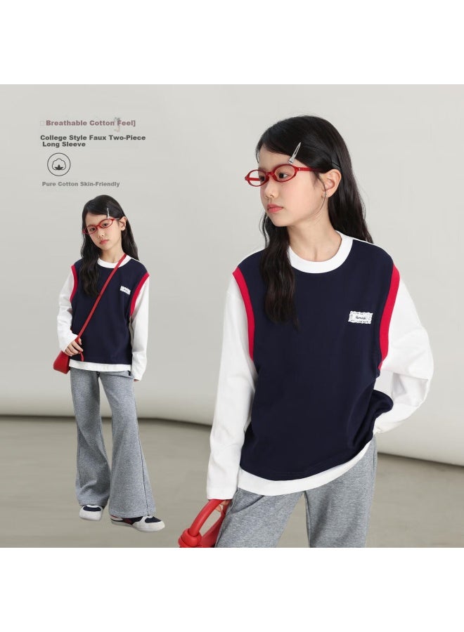 Luson Chen Dazhu Girls' Faux Two-piece Long Sleeve T-shirt Autumn New College Style Children's Fall Top - Image 1