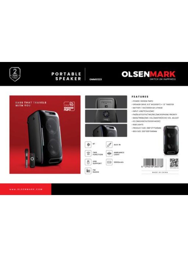 Olsenmark Rechargeable Party Speaker – OMMS1223, Bluetooth, USB/TF/FM, LED Lights, Portable - Image 2
