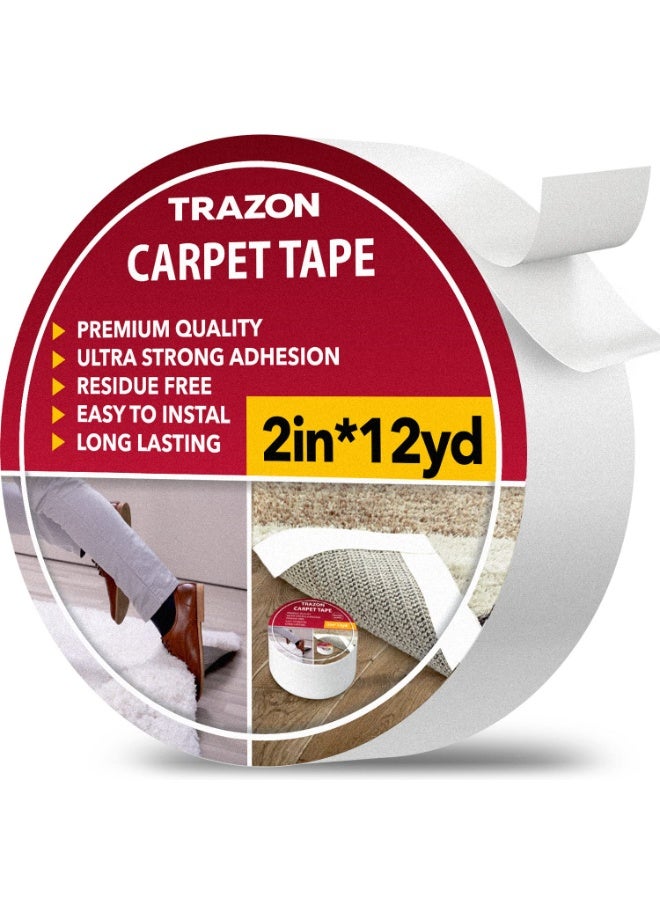 Carpet Tape Double Sided - Rug Tape Grippers for Hardwood Floors and Area Rugs - Carpet Binding Tape Strong Adhesive and Removable, Heavy Duty Stickers Grip Tape, Residue Free (2 Inch / 12 Yards)