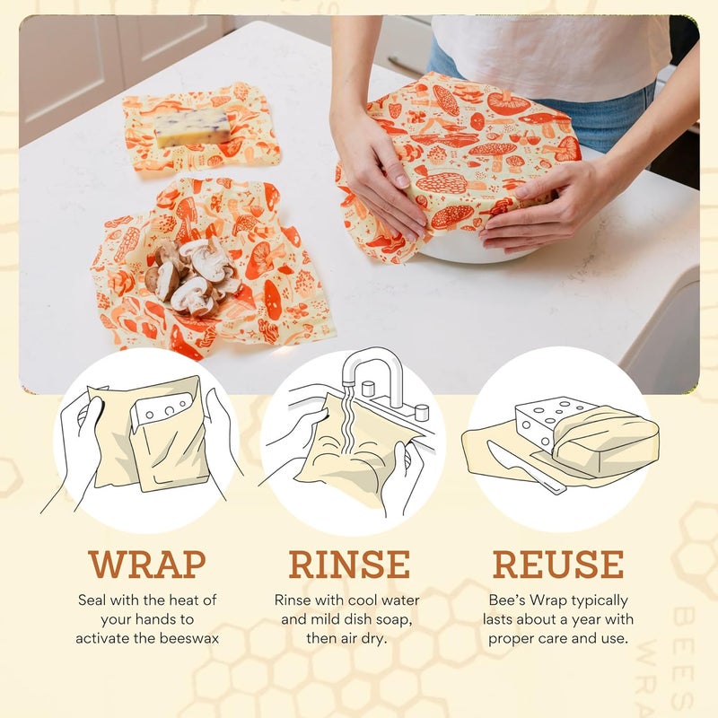Bee's Wrap Beeswax Wraps for Food - Made in USA Reusable & Organic Food Wraps, Sandwich Wrap & Bowl Covers - Eco-Friendly Alternative to Aluminum Foil & Plastic Wrap, Mushroom Magic 3 Pack (S, M, L) - Image 4