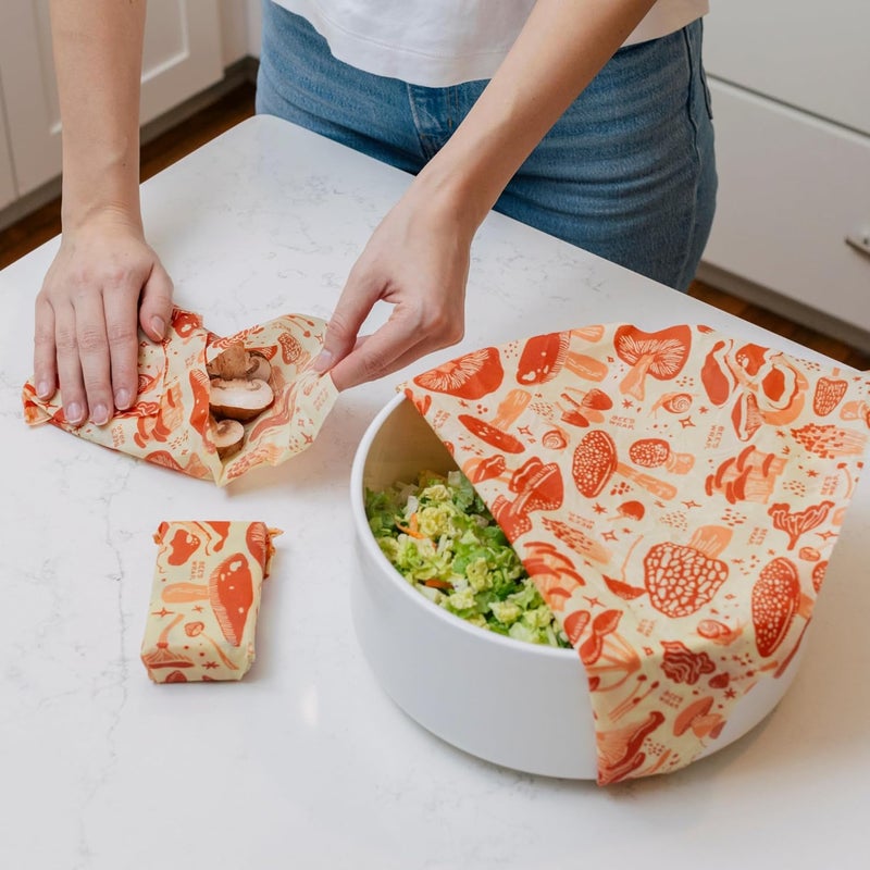 Bee's Wrap Beeswax Wraps for Food - Made in USA Reusable & Organic Food Wraps, Sandwich Wrap & Bowl Covers - Eco-Friendly Alternative to Aluminum Foil & Plastic Wrap, Mushroom Magic 3 Pack (S, M, L) - Image 3