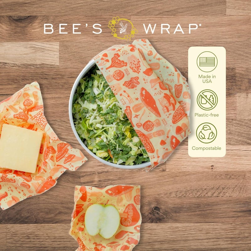 Bee's Wrap Beeswax Wraps for Food - Made in USA Reusable & Organic Food Wraps, Sandwich Wrap & Bowl Covers - Eco-Friendly Alternative to Aluminum Foil & Plastic Wrap, Mushroom Magic 3 Pack (S, M, L) - Image 5