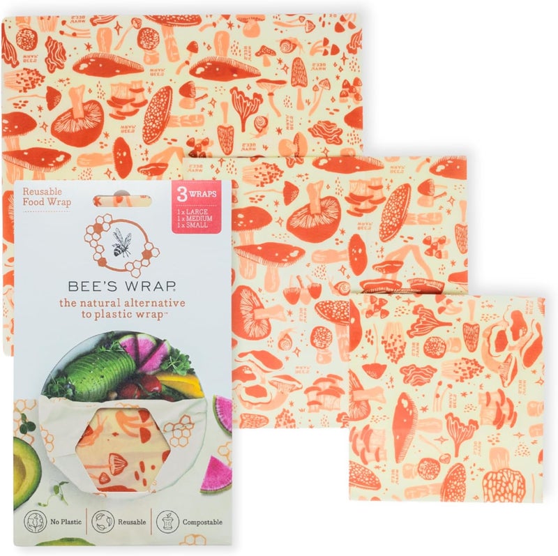 Bee's Wrap Beeswax Wraps for Food - Made in USA Reusable & Organic Food Wraps, Sandwich Wrap & Bowl Covers - Eco-Friendly Alternative to Aluminum Foil & Plastic Wrap, Mushroom Magic 3 Pack (S, M, L) - Image 1