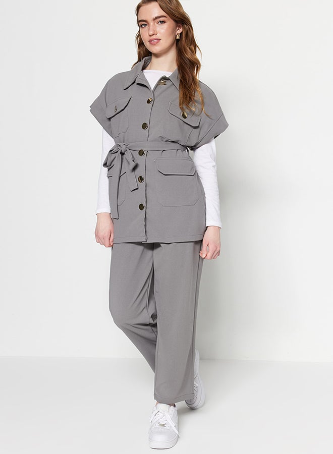 trendyol Gray Gold Buttoned Vest-Pants Knitted Suit TCTAW22US0062  - Image 1