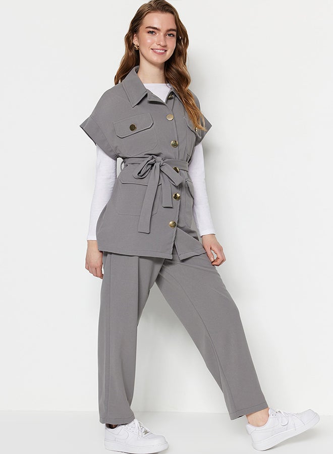 trendyol Gray Gold Buttoned Vest-Pants Knitted Suit TCTAW22US0062  - Image 3
