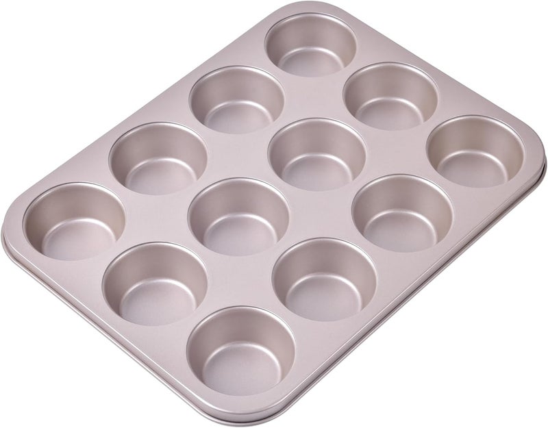 Bakeley Muffin Cake Pan 12-Cavity, Heavy Duty Carbon Steel, Non-Stick Cupcake Pan, Bakeware for Oven Baking Brownies, Cheesecakes (Champagne Gold) - Image 1