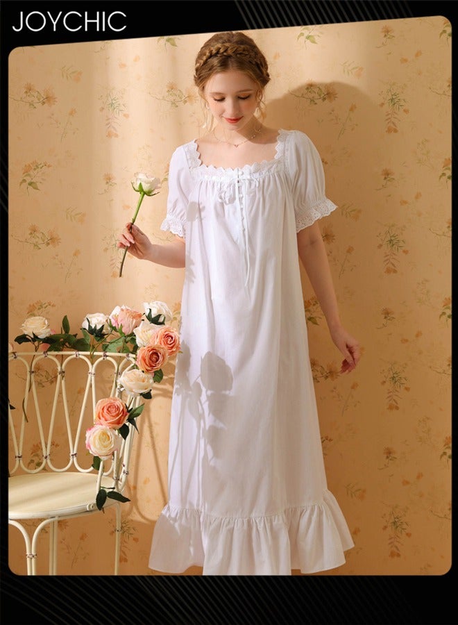 Joychic Retro French Sweet Princess Style Night Dress Short-sleeved Long Nightgown Spring Summer Autumn Cotton Breathable Sleepwear for Women White - Image 1
