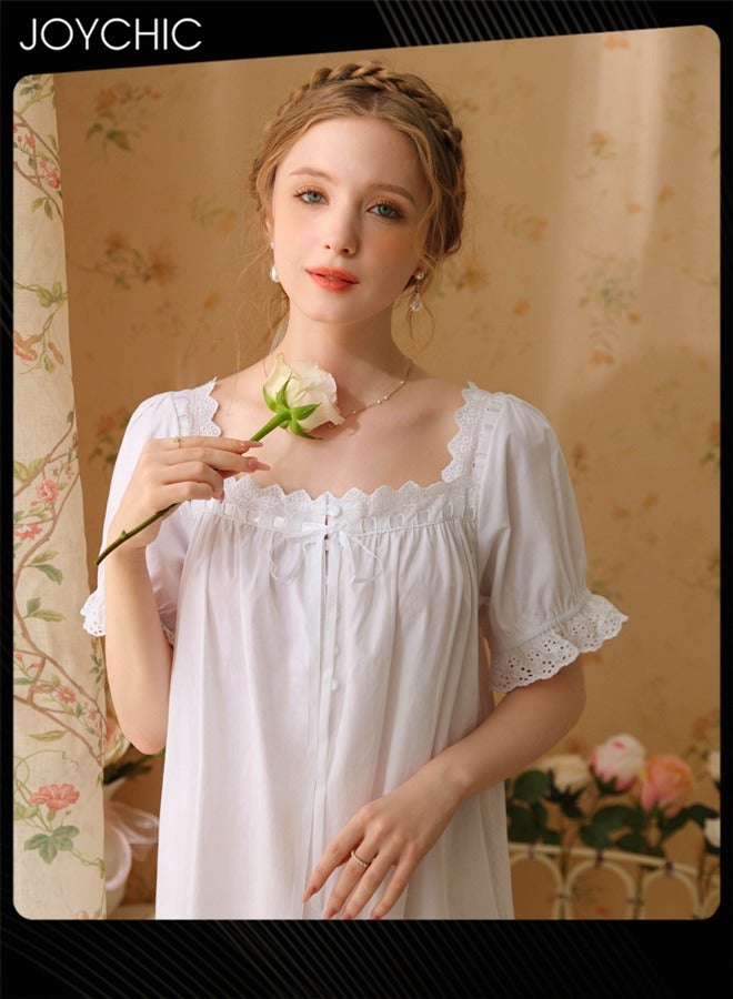 Joychic Retro French Sweet Princess Style Night Dress Short-sleeved Long Nightgown Spring Summer Autumn Cotton Breathable Sleepwear for Women White - Image 4