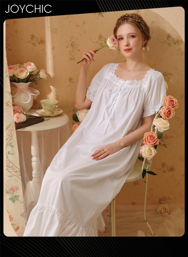 Joychic Retro French Sweet Princess Style Night Dress Short-sleeved Long Nightgown Spring Summer Autumn Cotton Breathable Sleepwear for Women White - Image 3