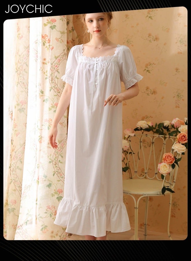 Joychic Retro French Sweet Princess Style Night Dress Short-sleeved Long Nightgown Spring Summer Autumn Cotton Breathable Sleepwear for Women White - Image 2