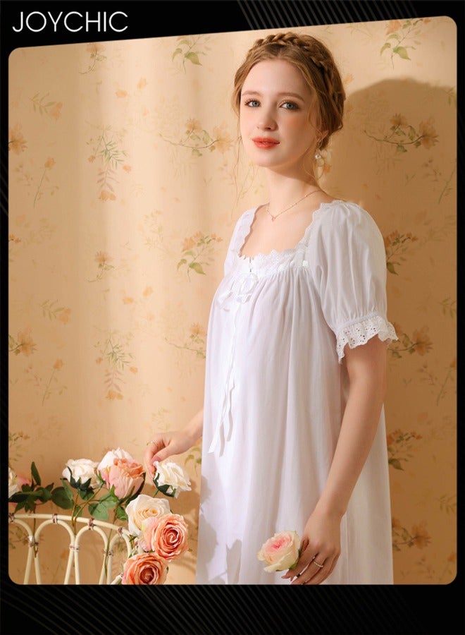 Joychic Retro French Sweet Princess Style Night Dress Short-sleeved Long Nightgown Spring Summer Autumn Cotton Breathable Sleepwear for Women White - Image 5