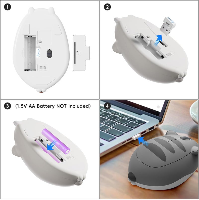 AKKO Cute Wireless Mouse Cat Theme, 3200 DPI Gaming Mouse, Tri-Mode Connection Bluetooth 3.0/5.0/2.4G USB A Receiver, Quiet Click, Cute Cordless Cartoon Mice for Laptop/PC (Gray Mimo) - Image 4