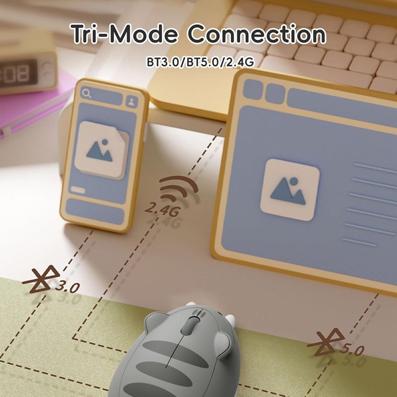AKKO Cute Wireless Mouse Cat Theme, 3200 DPI Gaming Mouse, Tri-Mode Connection Bluetooth 3.0/5.0/2.4G USB A Receiver, Quiet Click, Cute Cordless Cartoon Mice for Laptop/PC (Gray Mimo) - Image 2