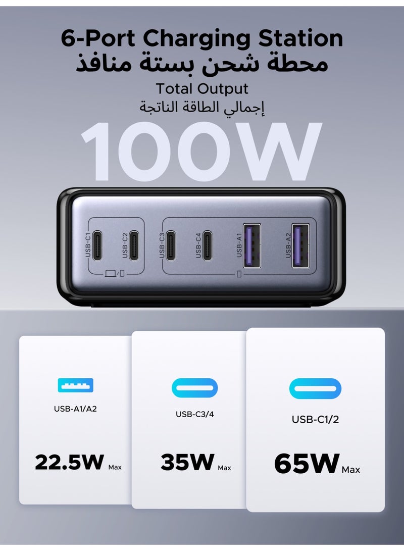 Ugreen 100W Charger GaN Desktop Charging Station-2m Cable, Type C Charger with 4 USB-C & 2 USB-A Ports, Fast Charger Type C for MacBook Pro, Samsung Galaxy, iPhone, Adapter Type C Multi-Device Power Hub, Compact 100W 4C2A - Image 2
