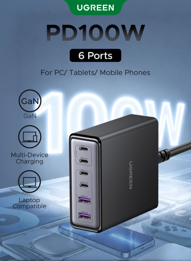 Ugreen 100W Charger GaN Desktop Charging Station-2m Cable, Type C Charger with 4 USB-C & 2 USB-A Ports, Fast Charger Type C for MacBook Pro, Samsung Galaxy, iPhone, Adapter Type C Multi-Device Power Hub, Compact 100W 4C2A - Image 1