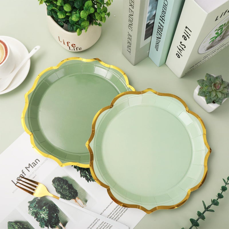 Whaline 30Pcs Sage Green Paper Plates Gold Foil Scalloped Disposable Plates Retro 3 Colors Dinner Plates for Wedding Birthday Party Supplies Table Decor  9 inch - Image 4