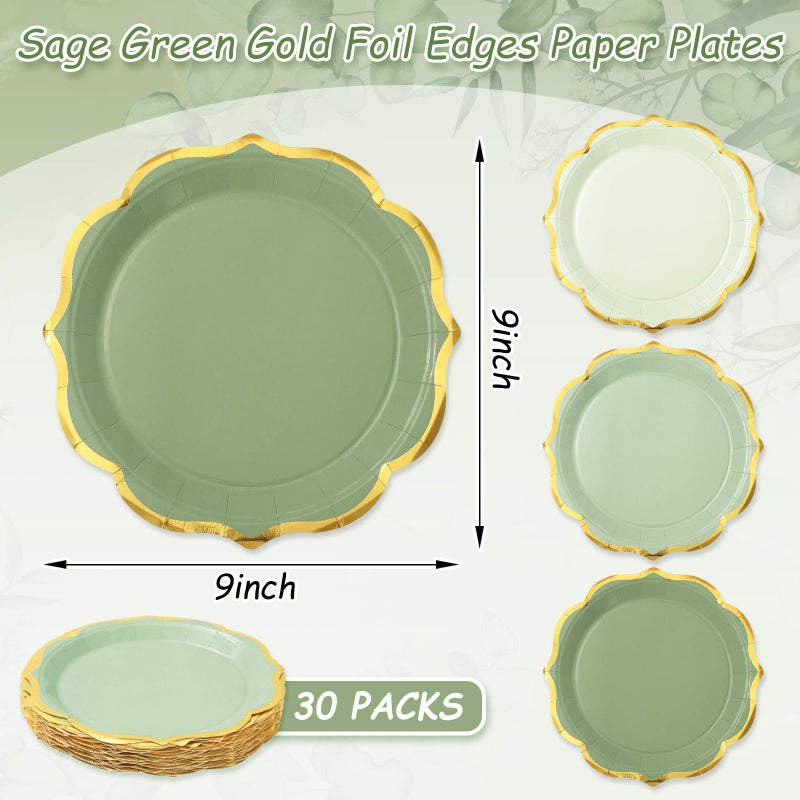 Whaline 30Pcs Sage Green Paper Plates Gold Foil Scalloped Disposable Plates Retro 3 Colors Dinner Plates for Wedding Birthday Party Supplies Table Decor  9 inch - Image 2