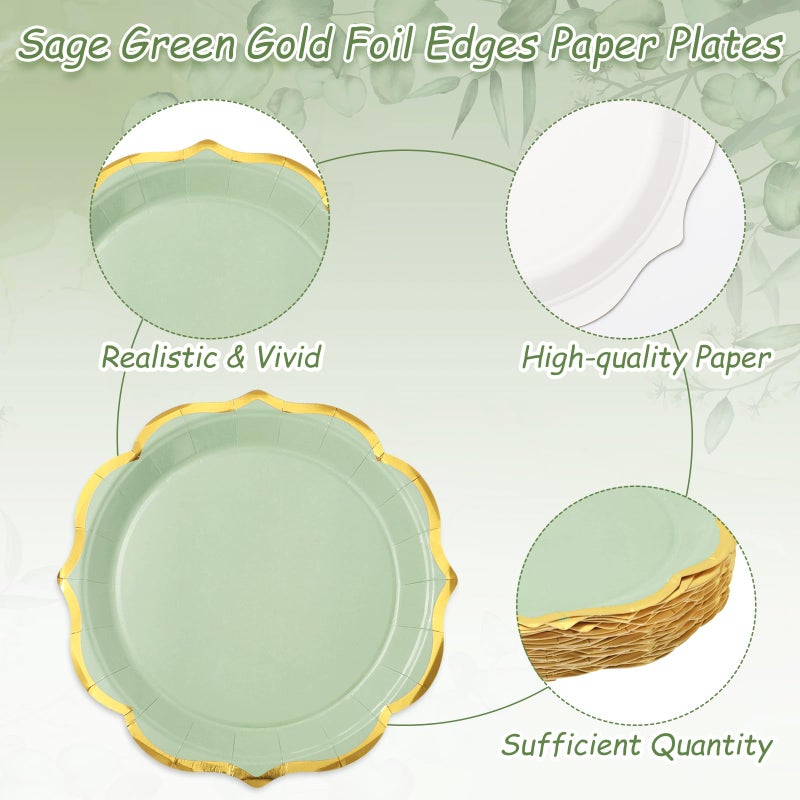 Whaline 30Pcs Sage Green Paper Plates Gold Foil Scalloped Disposable Plates Retro 3 Colors Dinner Plates for Wedding Birthday Party Supplies Table Decor  9 inch - Image 3