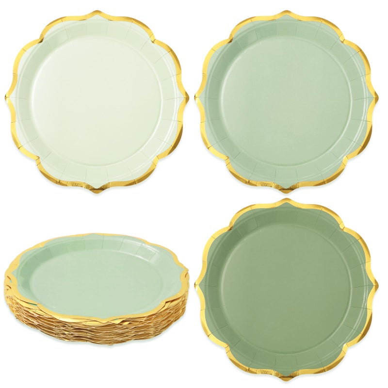 Whaline 30Pcs Sage Green Paper Plates Gold Foil Scalloped Disposable Plates Retro 3 Colors Dinner Plates for Wedding Birthday Party Supplies Table Decor  9 inch - Image 1